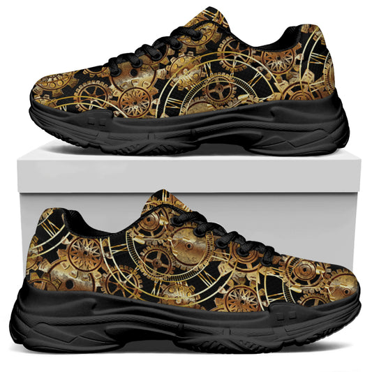 Steampunk Clock Gears Print Black Chunky Shoes