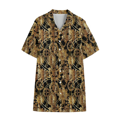 Steampunk Clock Gears Print Cotton Hawaiian Shirt