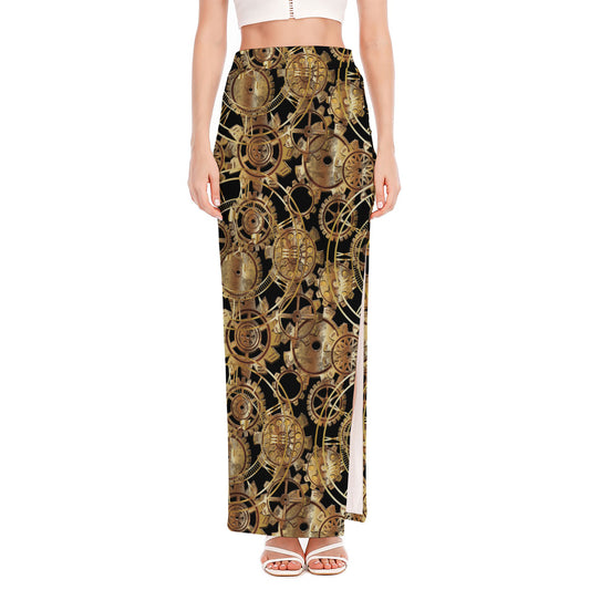 Steampunk Clock Gears Print High Slit Maxi Skirt