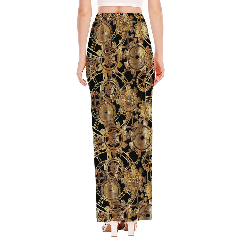Steampunk Clock Gears Print High Slit Maxi Skirt