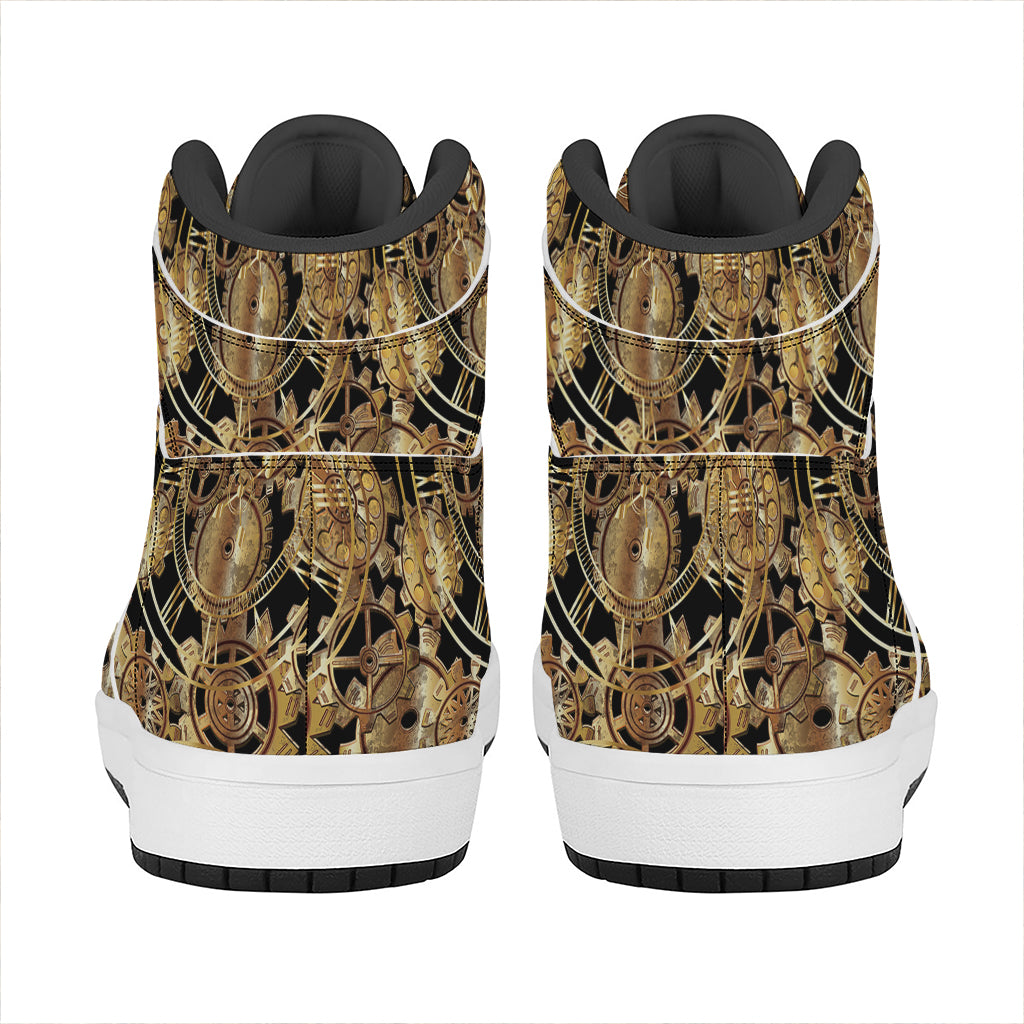Steampunk Clock Gears Print High Top Leather Sneakers