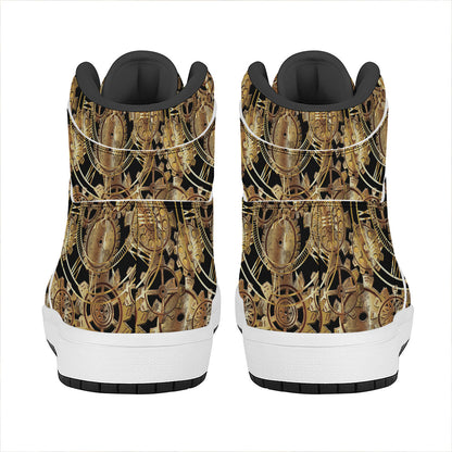 Steampunk Clock Gears Print High Top Leather Sneakers