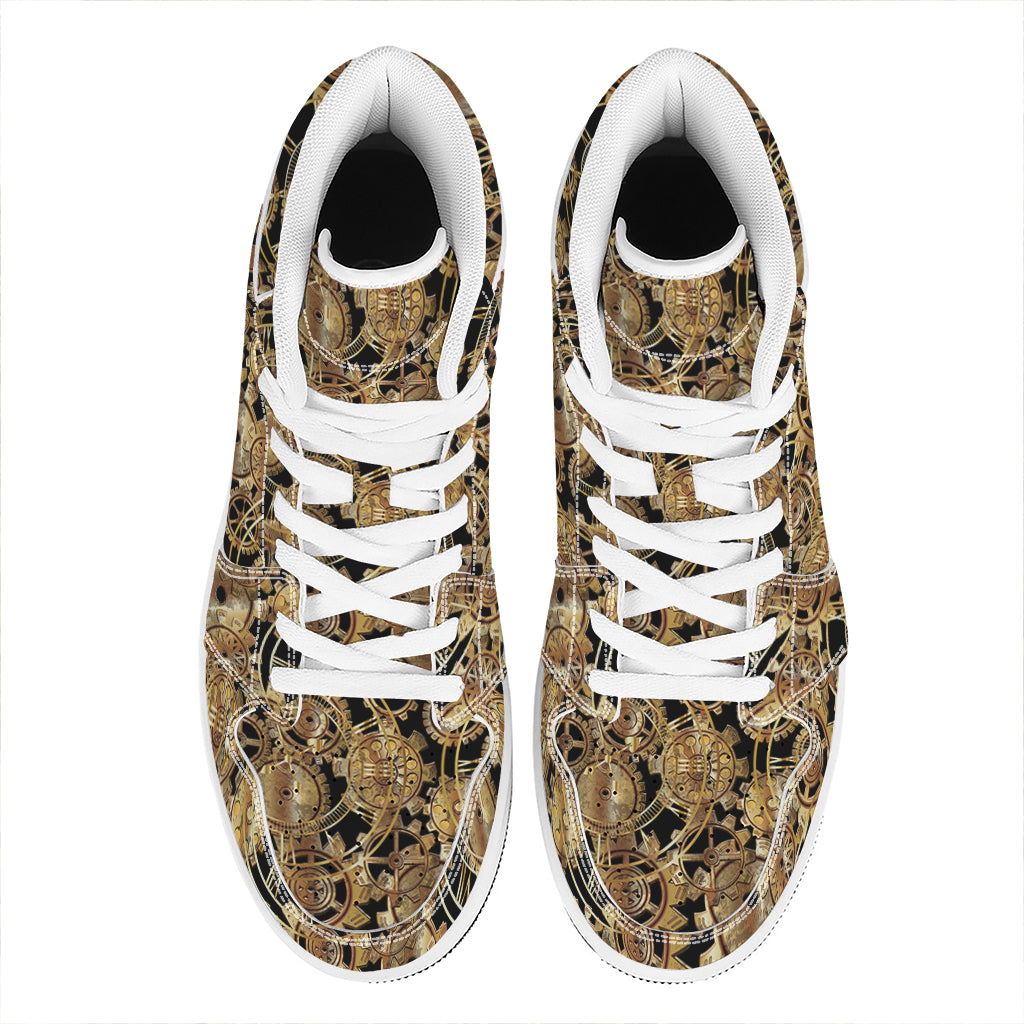 Steampunk Clock Gears Print High Top Leather Sneakers