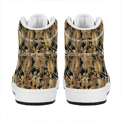 Steampunk Clock Gears Print High Top Leather Sneakers