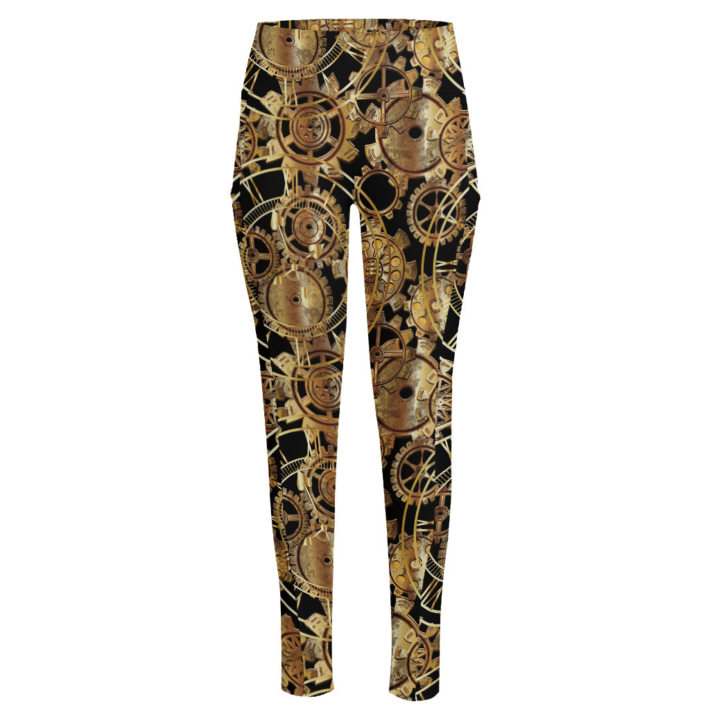 Steampunk Clock Gears Print High-Waisted Pocket Leggings