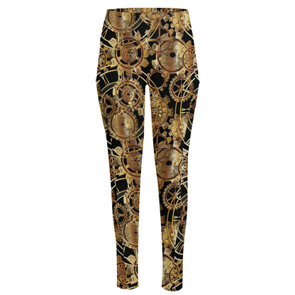 Steampunk Clock Gears Print High-Waisted Pocket Leggings