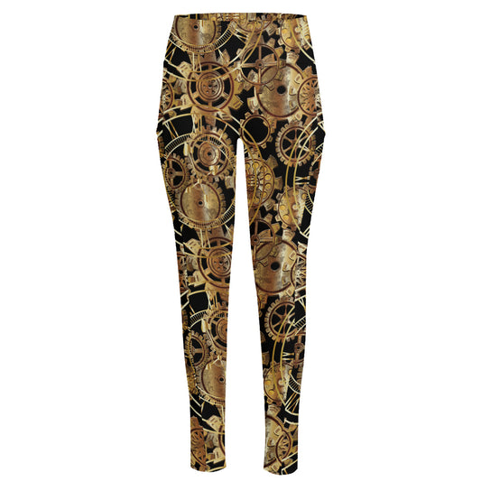 Steampunk Clock Gears Print High-Waisted Pocket Leggings