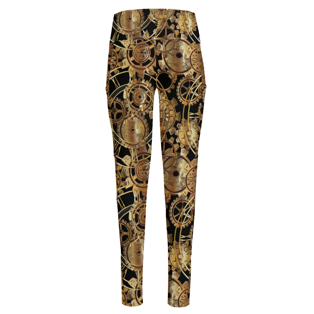 Steampunk Clock Gears Print High-Waisted Pocket Leggings