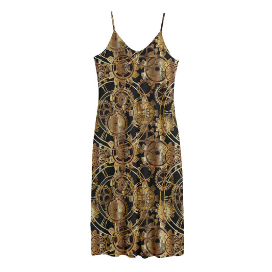 Steampunk Clock Gears Print Jersey Midi Cami Dress