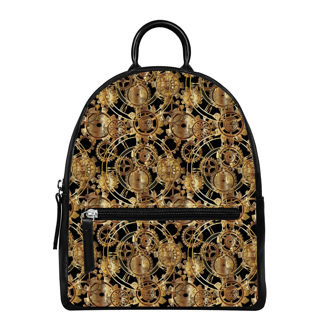 Steampunk Clock Gears Print Leather Backpack