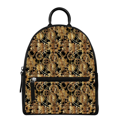Steampunk Clock Gears Print Leather Backpack