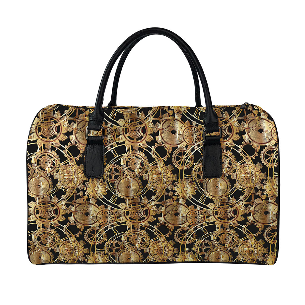 Steampunk Clock Gears Print Leather Duffle Bag