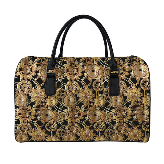 Steampunk Clock Gears Print Leather Duffle Bag