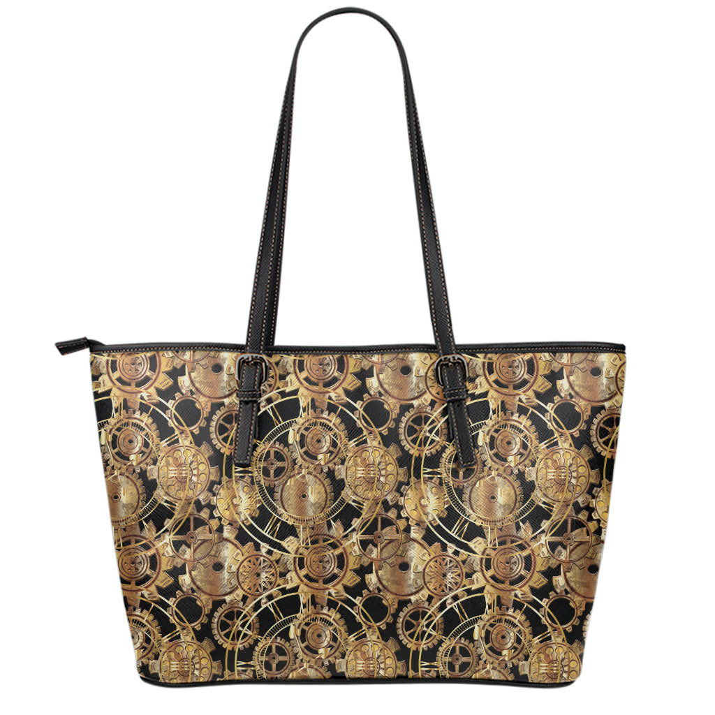 Steampunk Clock Gears Print Leather Tote Bag