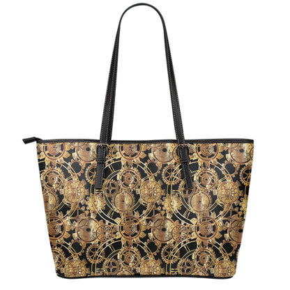 Steampunk Clock Gears Print Leather Tote Bag