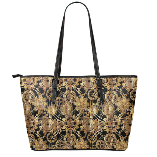 Steampunk Clock Gears Print Leather Tote Bag