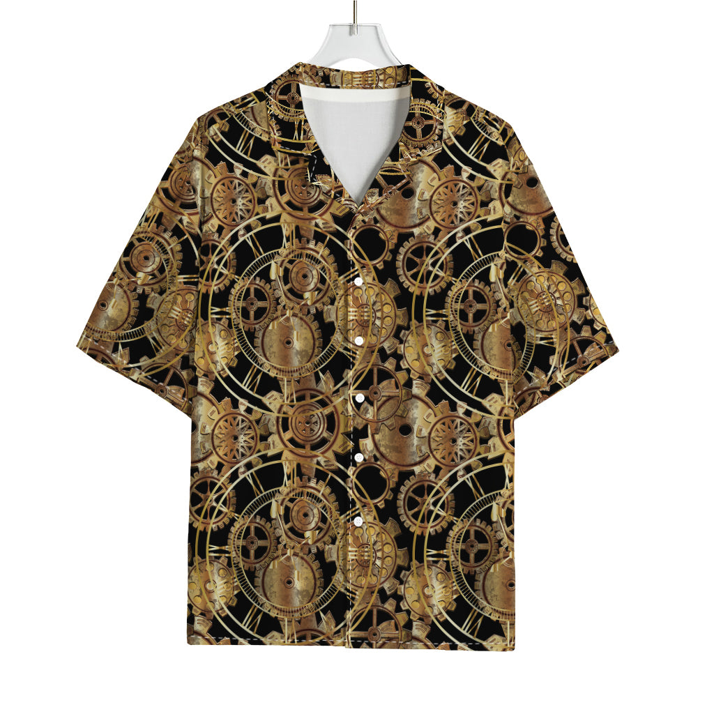 Steampunk Clock Gears Print Rayon Hawaiian Shirt