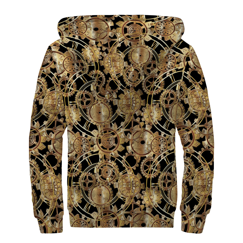 Steampunk Clock Gears Print Sherpa Lined Zip Up Hoodie
