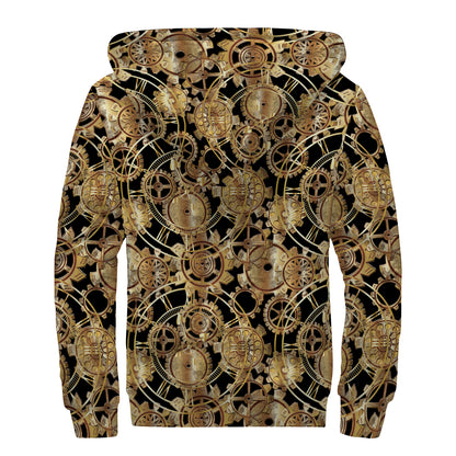 Steampunk Clock Gears Print Sherpa Lined Zip Up Hoodie
