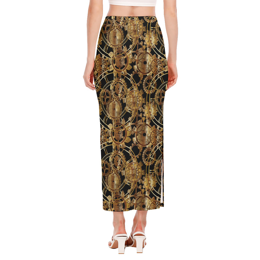Steampunk Clock Gears Print Side Slit Maxi Skirt