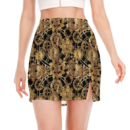 Steampunk Clock Gears Print Side Slit Mini Skirt