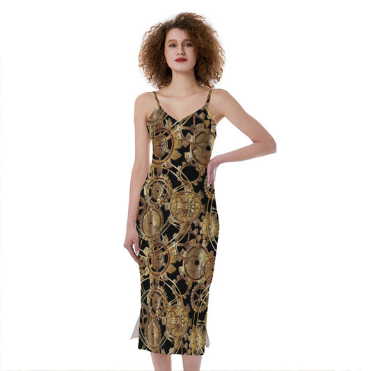 Steampunk Clock Gears Print Slim Fit Midi Cami Dress