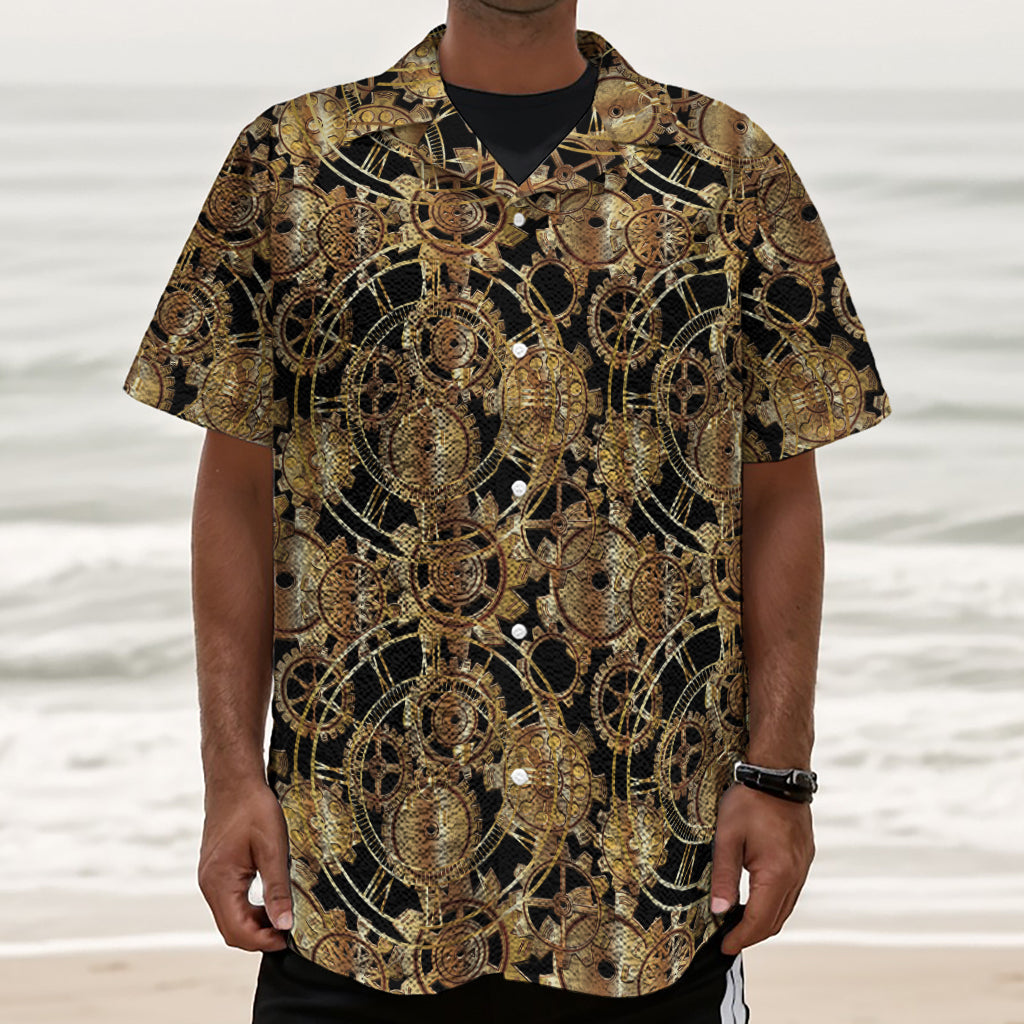 Steampunk Clock Gears Print Textured Short Sleeve Shirt