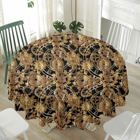 Steampunk Clock Gears Print Waterproof Round Tablecloth