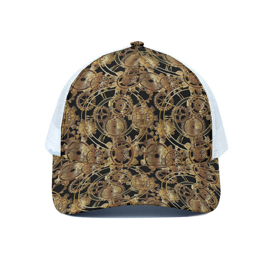 Steampunk Clock Gears Print White Mesh Trucker Cap