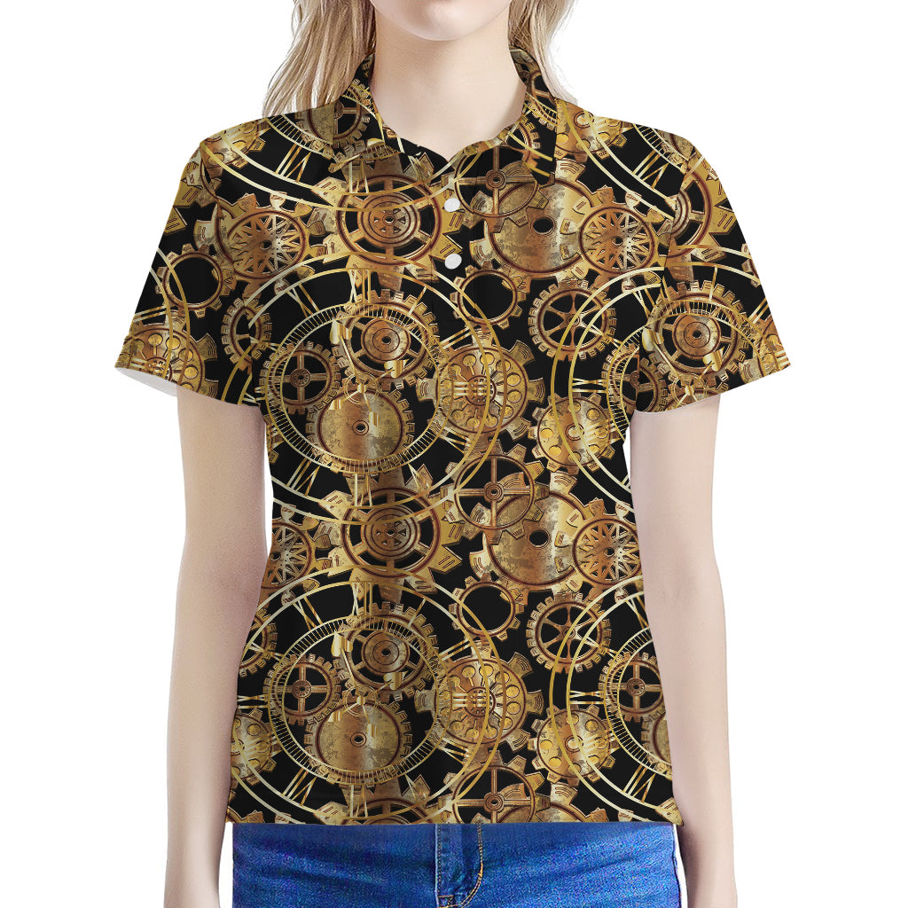 Steampunk Clock Gears Print Women's Polo Shirt