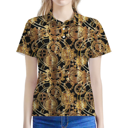 Steampunk Clock Gears Print Women's Polo Shirt