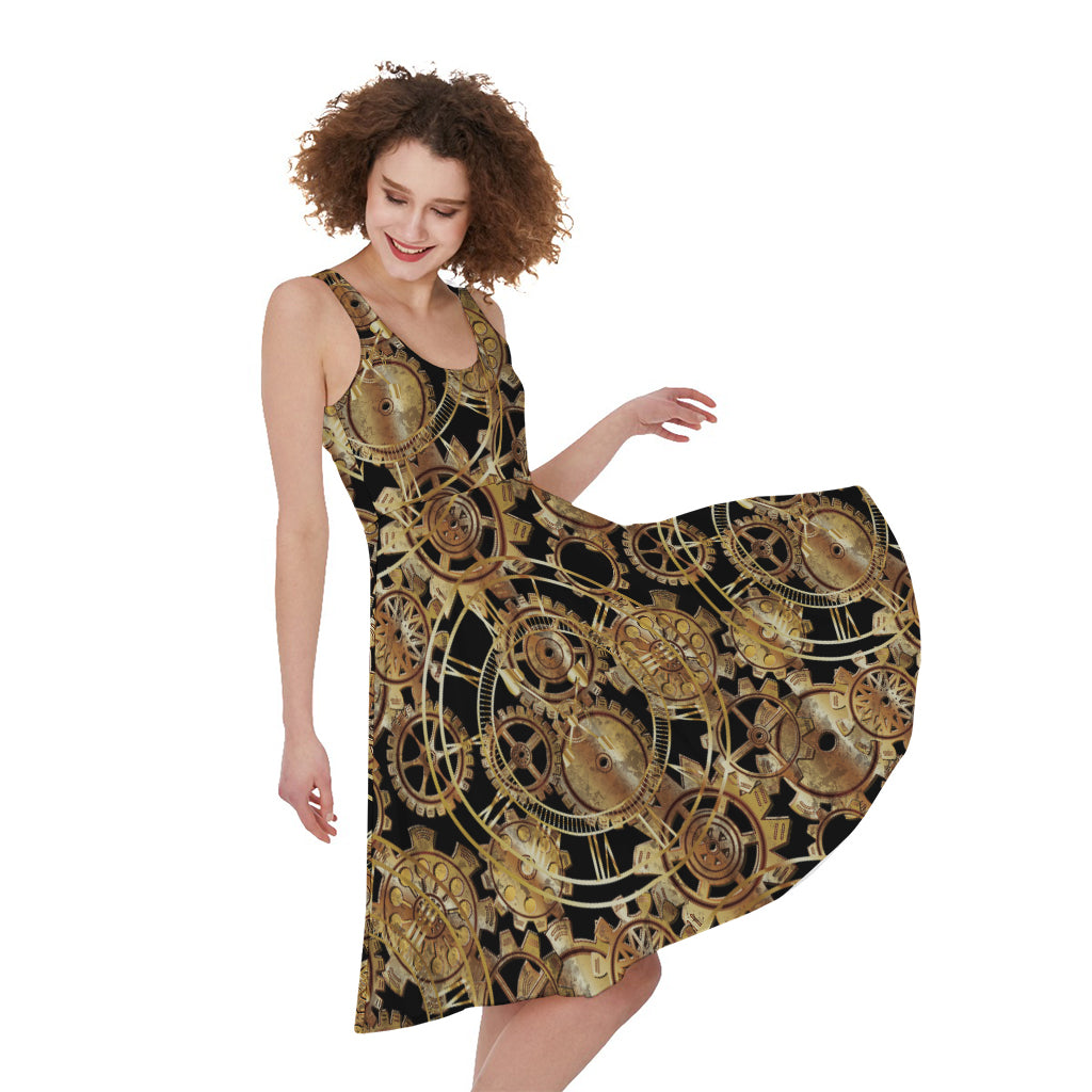Steampunk Clock Gears Print Women's Sleeveless Dress