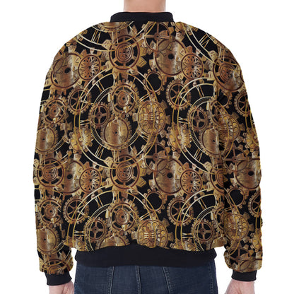 Steampunk Clock Gears Print Zip Sleeve Bomber Jacket
