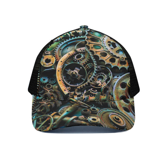 Steampunk Cogs And Gears Print Black Mesh Trucker Cap