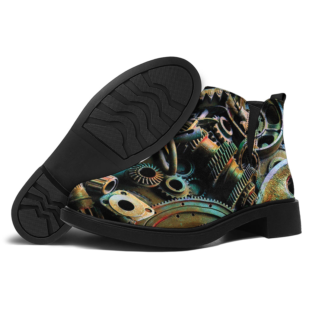 Steampunk Cogs And Gears Print Flat Ankle Boots