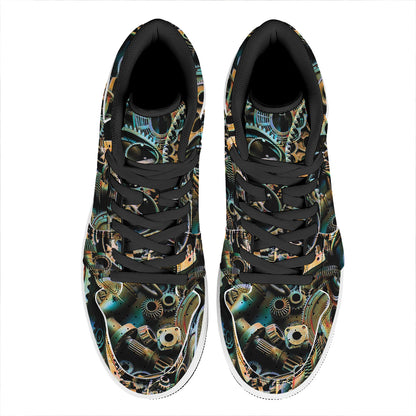 Steampunk Cogs And Gears Print High Top Leather Sneakers