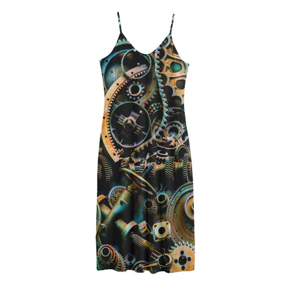 Steampunk Cogs And Gears Print Jersey Midi Cami Dress
