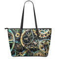 Steampunk Cogs And Gears Print Leather Tote Bag With Zipper