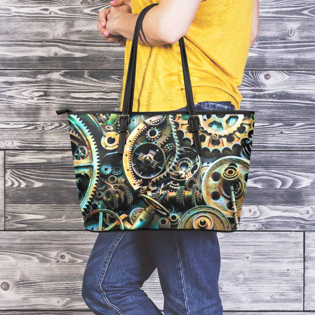 Steampunk Cogs And Gears Print Leather Tote Bag