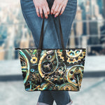 Steampunk Cogs And Gears Print Leather Tote Bag