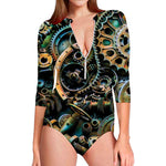 Steampunk Cogs And Gears Print Long Sleeve Swimsuit