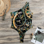 Steampunk Cogs And Gears Print One Shoulder Bodysuit