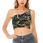Steampunk Cogs And Gears Print One Shoulder Crop Top