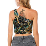 Steampunk Cogs And Gears Print One Shoulder Crop Top