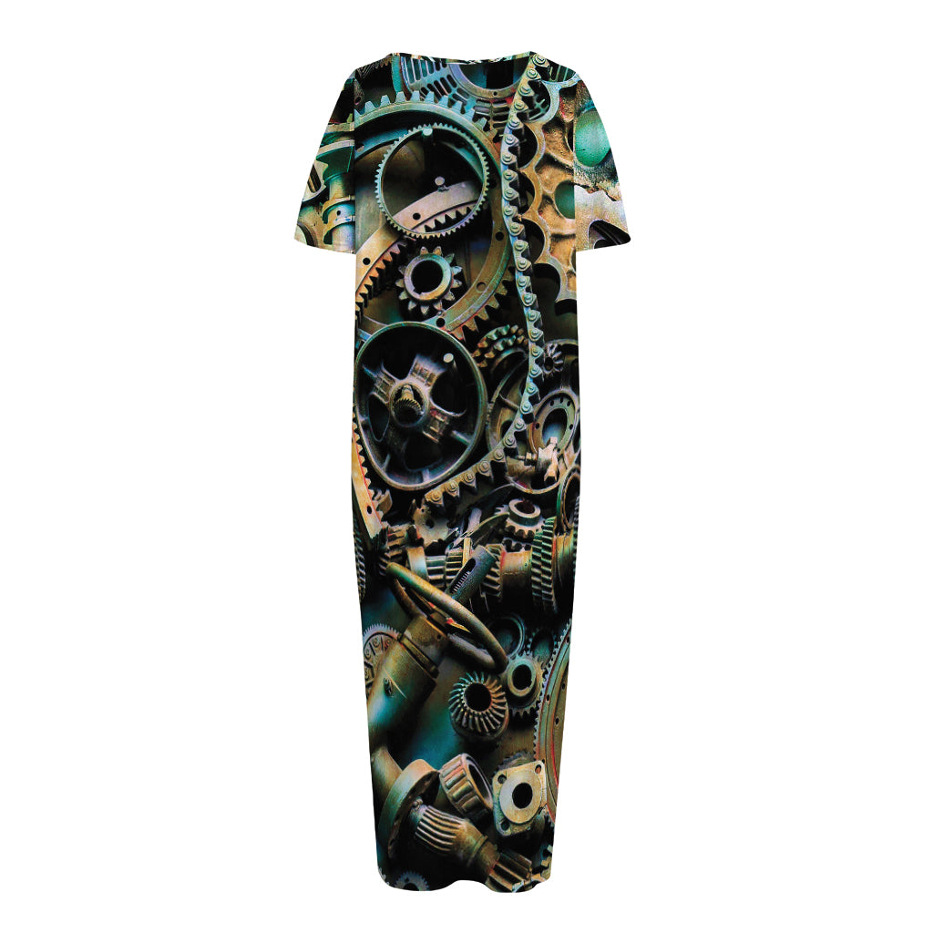 Steampunk Cogs And Gears Print Short Sleeve Long Nightdress