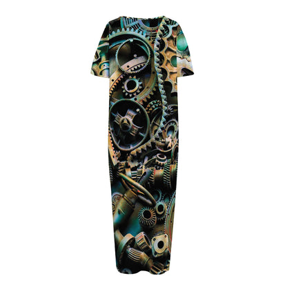 Steampunk Cogs And Gears Print Short Sleeve Long Nightdress