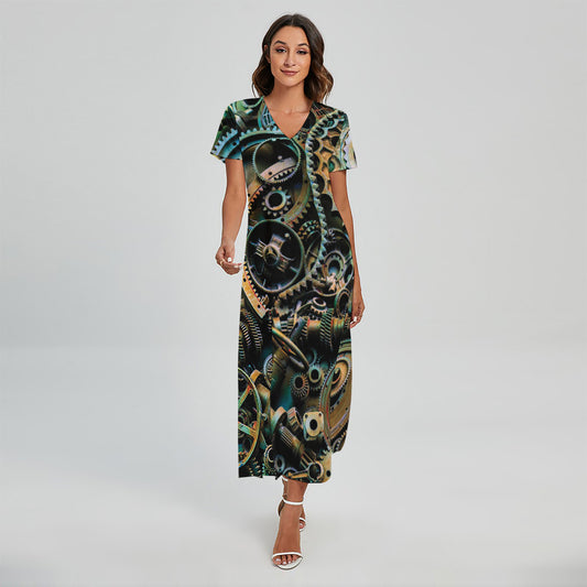 Steampunk Cogs And Gears Print Short Sleeve Maxi Dress