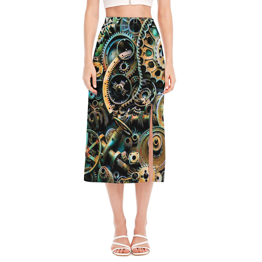 Steampunk Cogs And Gears Print Side Slit Midi Skirt