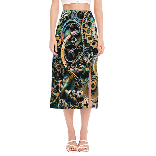 Steampunk Cogs And Gears Print Side Slit Midi Skirt