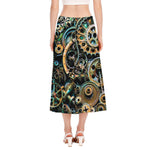 Steampunk Cogs And Gears Print Side Slit Midi Skirt